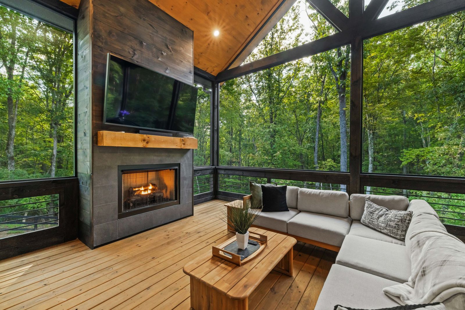 Screened porch with outdoor fireplace
